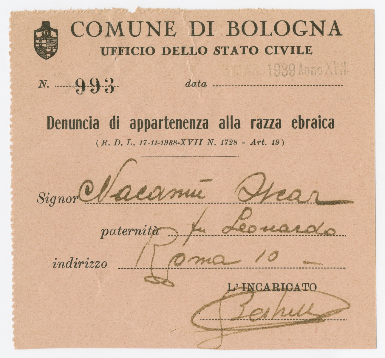 Document issued by the authorities of Bologna stating that Oscar Nacamu is a member of the Jewish race.