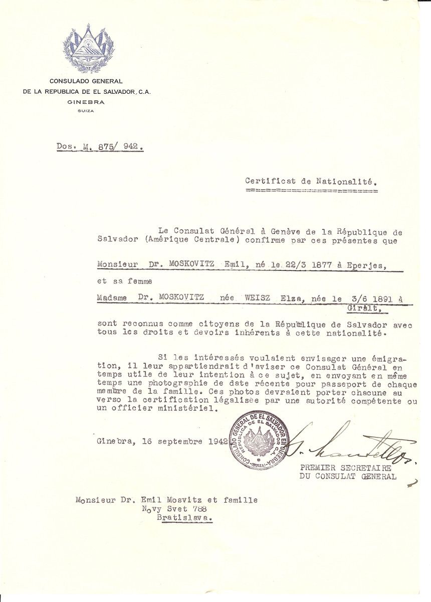 Unauthorized Salvadoran citizenship certificate issued to Emil Moskovitz (b. March 22, 1877 in Eperjes) and his wife Elza (Weisz) Moskovitz (b. June 3, 1891 in Giralt), by George Mandel-Mantello, First Secretary of the Salvadoran Consulate in Switzerland and sent to their residence in Bratislava.