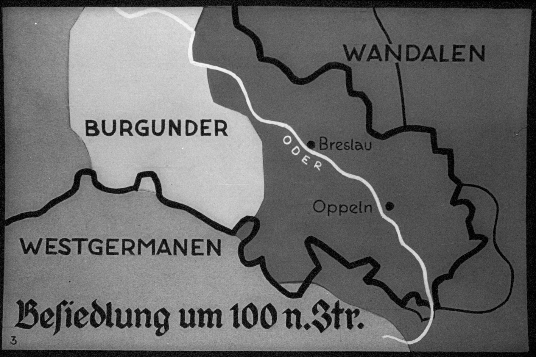 5th Nazi propaganda slide from Hitler Youth educational material titled "Border Land Upper Silesia."

Besiedlung um 100 n.Ztr.
//
Colonization by 100 n.Ztr.