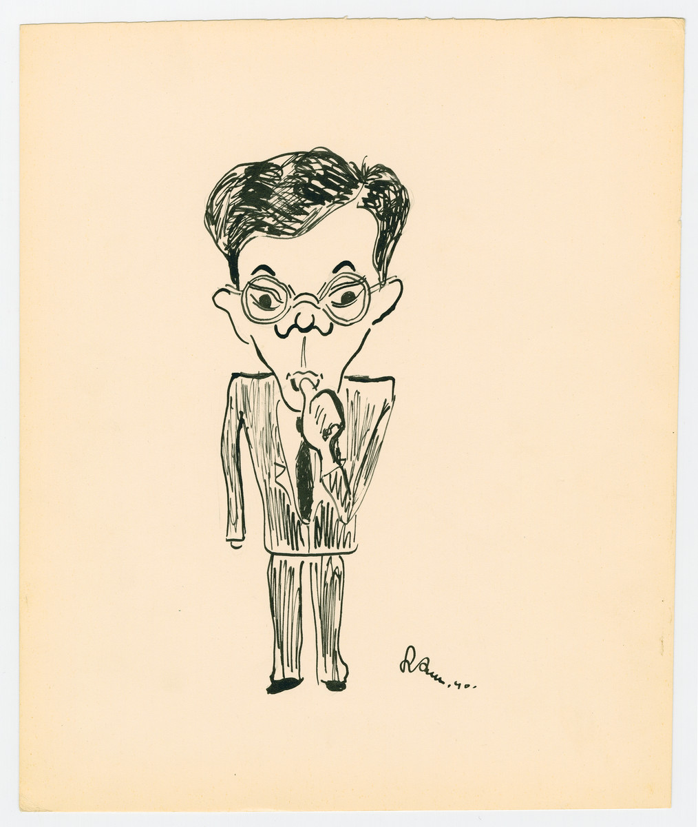Caricature by Lutek Orenbach of H. Norik, member of the Jewish Community Council. Lutek notes "Cynic, wit, and Master of Laws."