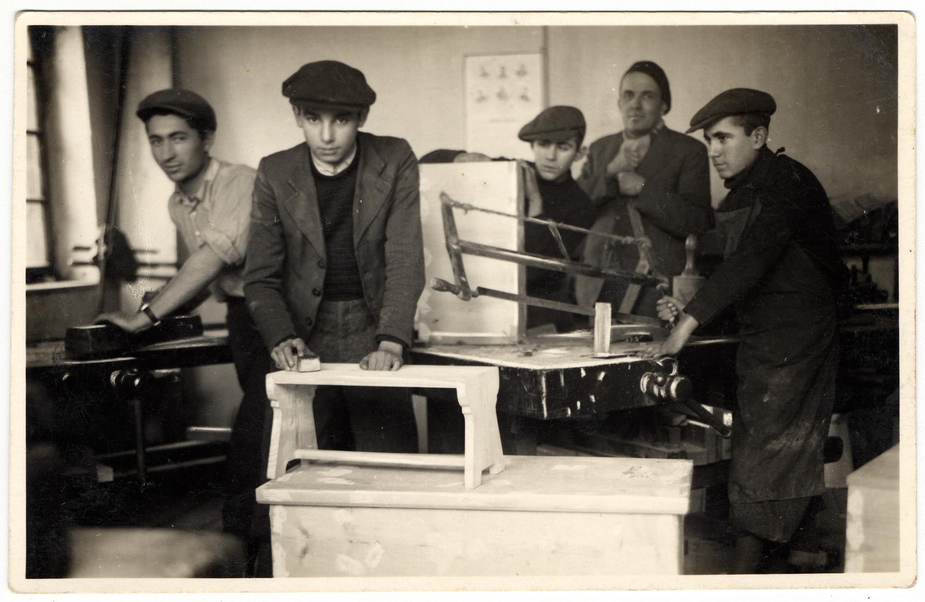 Young religious men work at carpentry shop at a combination yeshiva and vocational training school (hachsharah) in Hlohovec run by Rabbi Moritz Schwartz.

All the boys immigrated to Palestine.