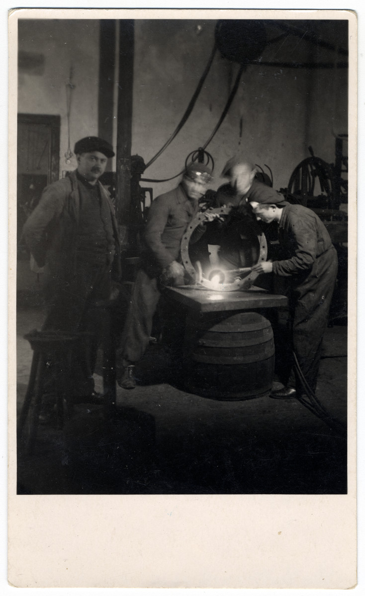 Young men work work at a foundry at a combination yeshiva and vocational training school (hachshara) in Hlohovec run by Rabbi Moritz Schwartz.

All the boys later immigrated to Palestine.