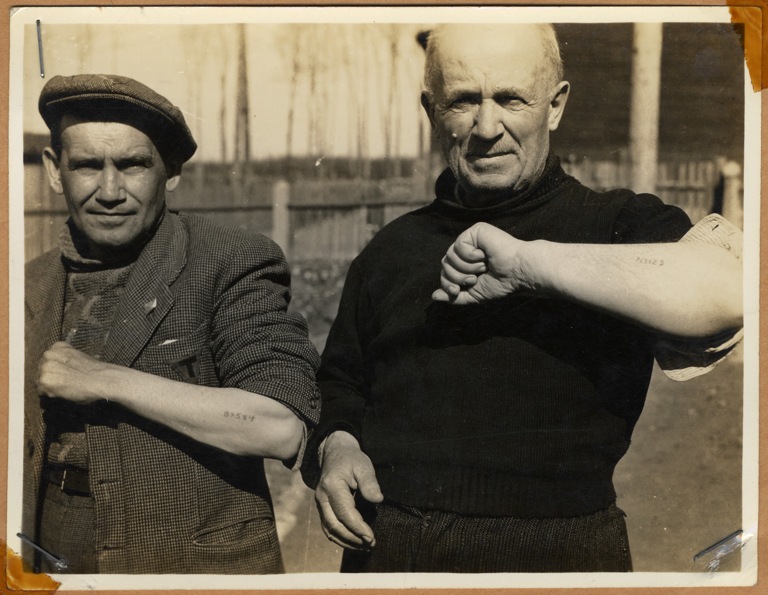 Survivors showing their tattoos after the liberation of Buchenwald.

The lender's handwritten caption reads, "Two men showing numbers branded on arms.  All clothing was also stamped where it was readily seen."