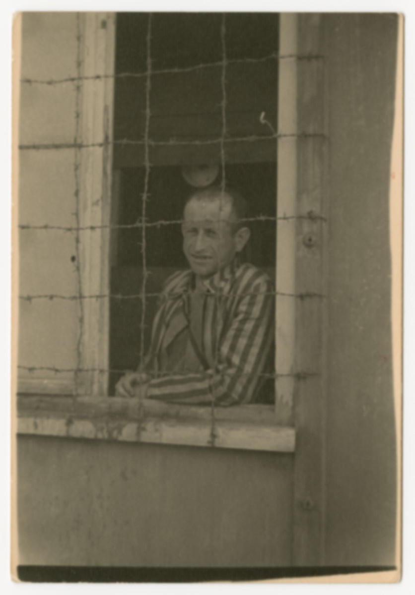 A survivor looks out a barrack window in the Dachau concentration camp shortly after liberation.