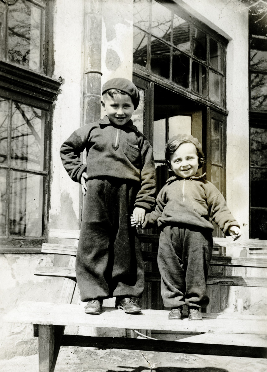 Two young Jewish Schonfeld brothers pose on the steps of a building in Satoraljaujhely.

The boys (Pauly pictured on the right) were cousins of the donor.  Both perished about four years later in Auschwitz.