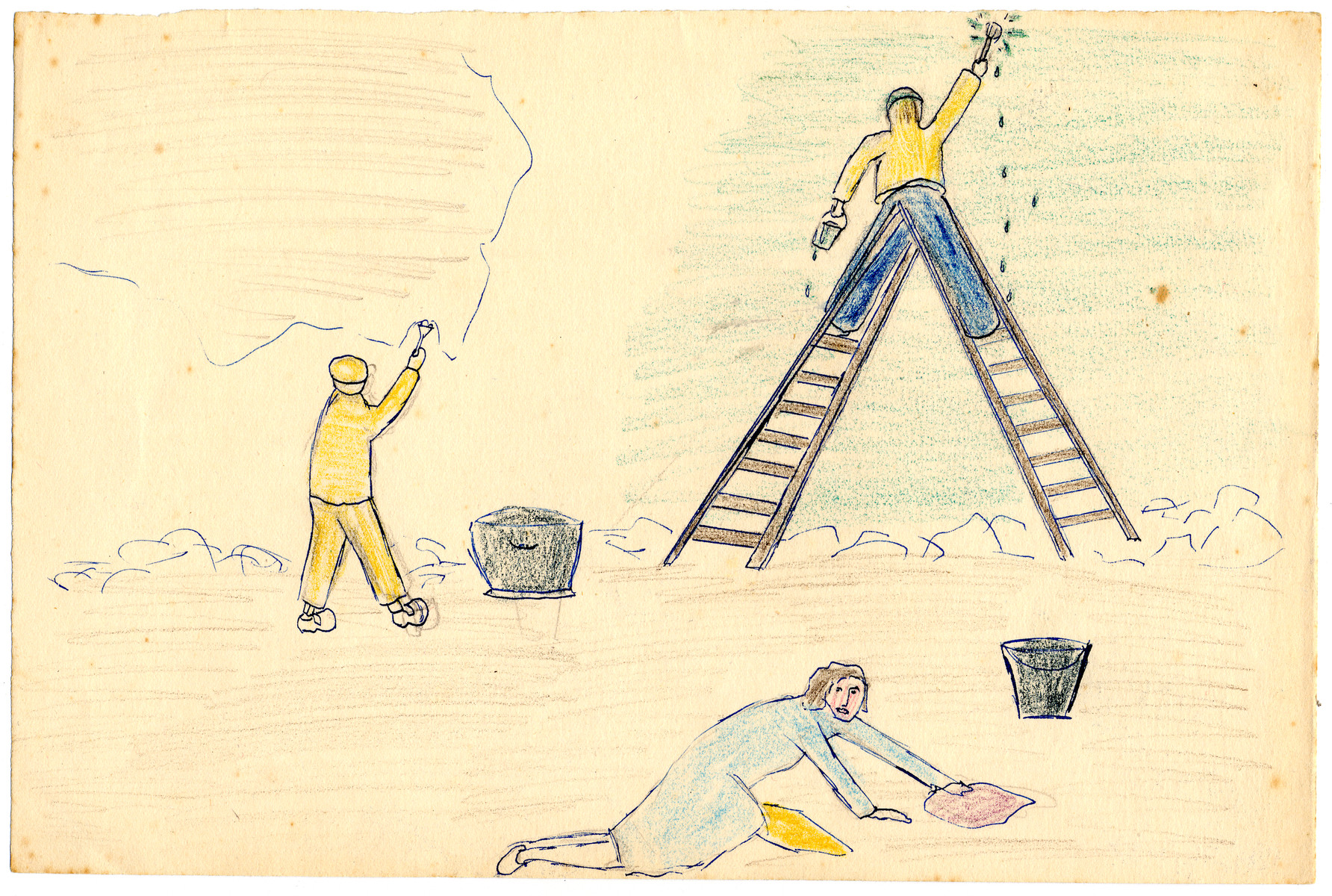 A child's drawing of adults performing housework in Chateau de la Hille.