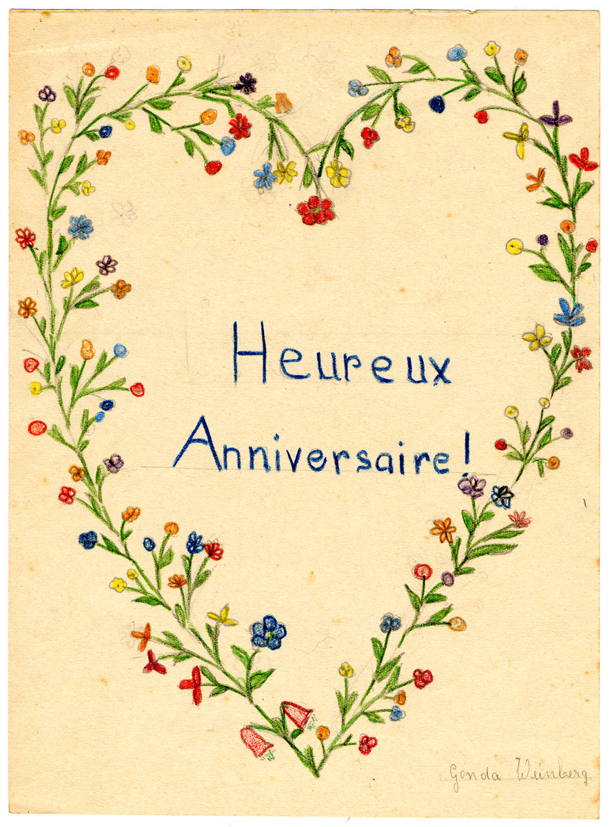 A child's card wishing a Happy Anniversary and drawn with flowers from Chateau de la Hille.