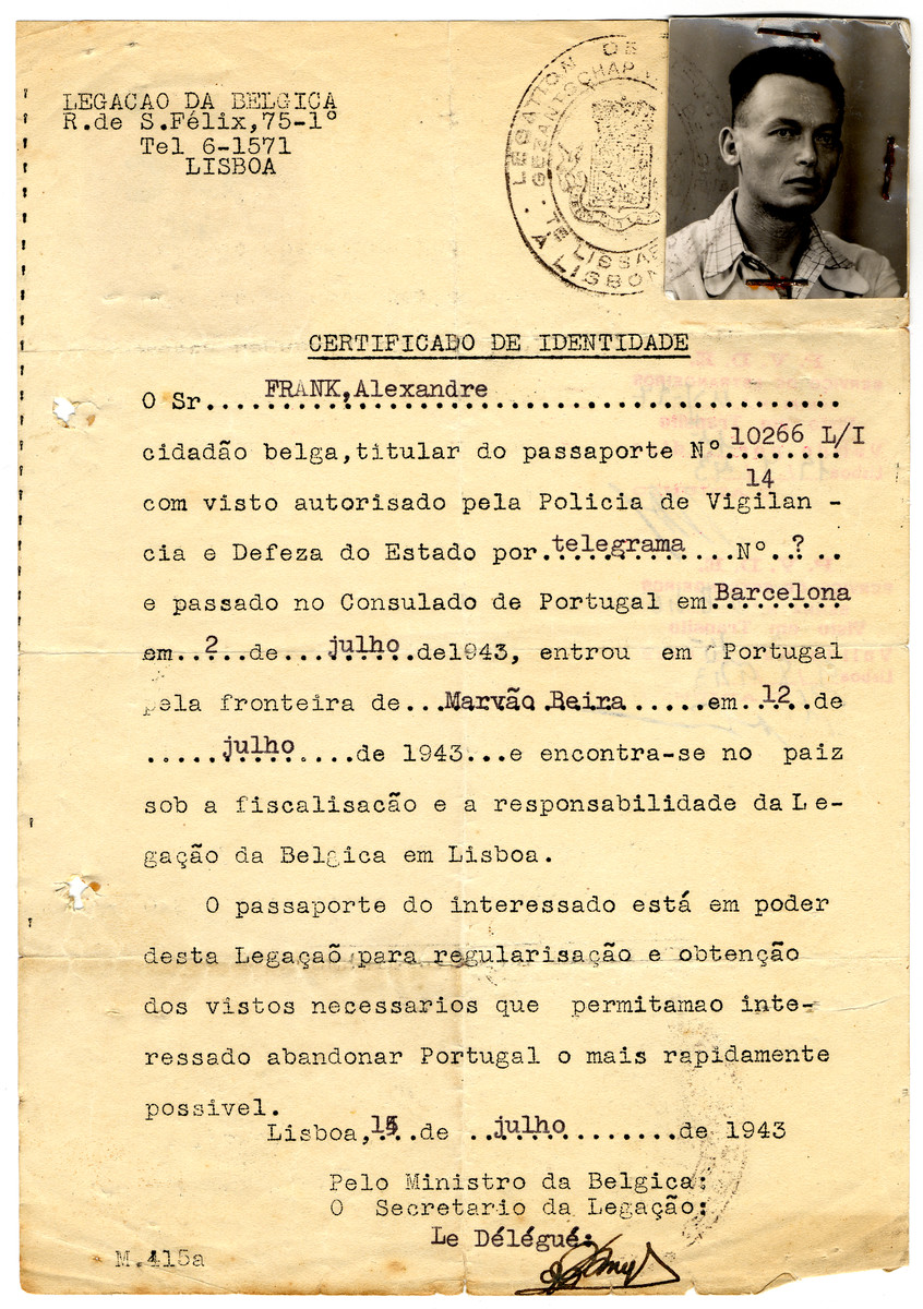 Identification papers issued by the Belgian consulate in Portugal issued to Alexander Frank, founder of the Seyre children's home and teacher at Chateau de la Hille. 

He obtained these papers in Lisbon so that he could go on to England legitimately and join the Royal Air Force.