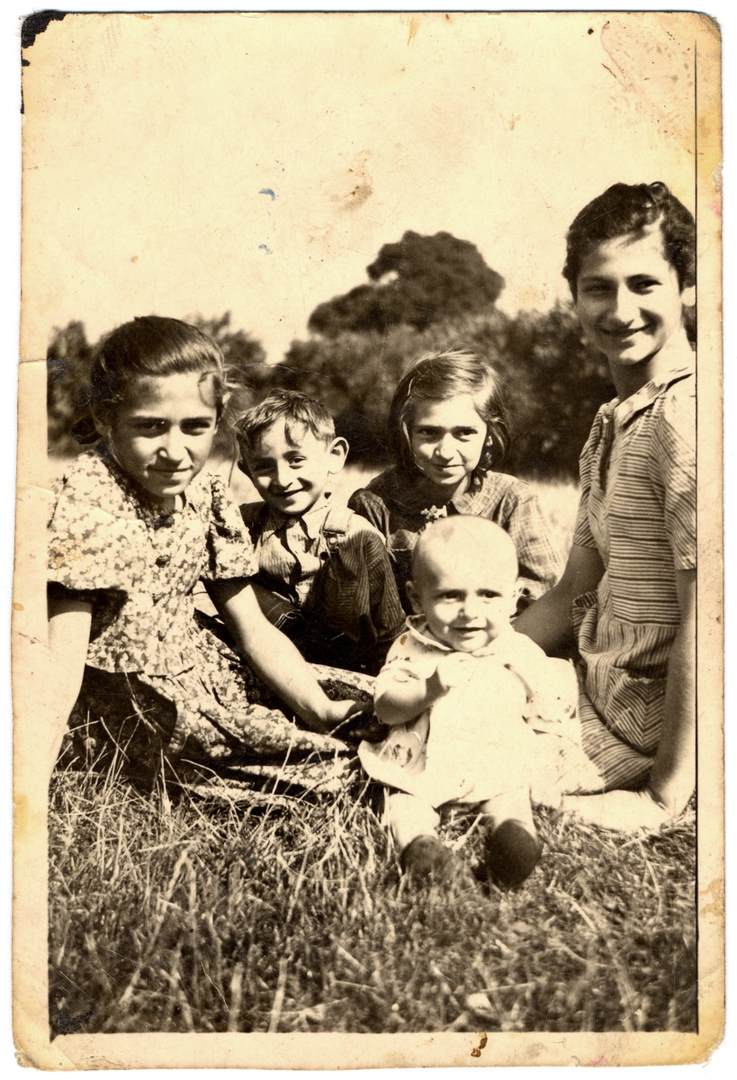 Members of the Slomnicki family pose together on the grass.

Pictured (left to right) are siblings Yentel, Karol, Gita, and Sally Slomnicki.  Their nephew Gershon is seated in front.  Sally Slomnicki carried this photograph with her through the camps.