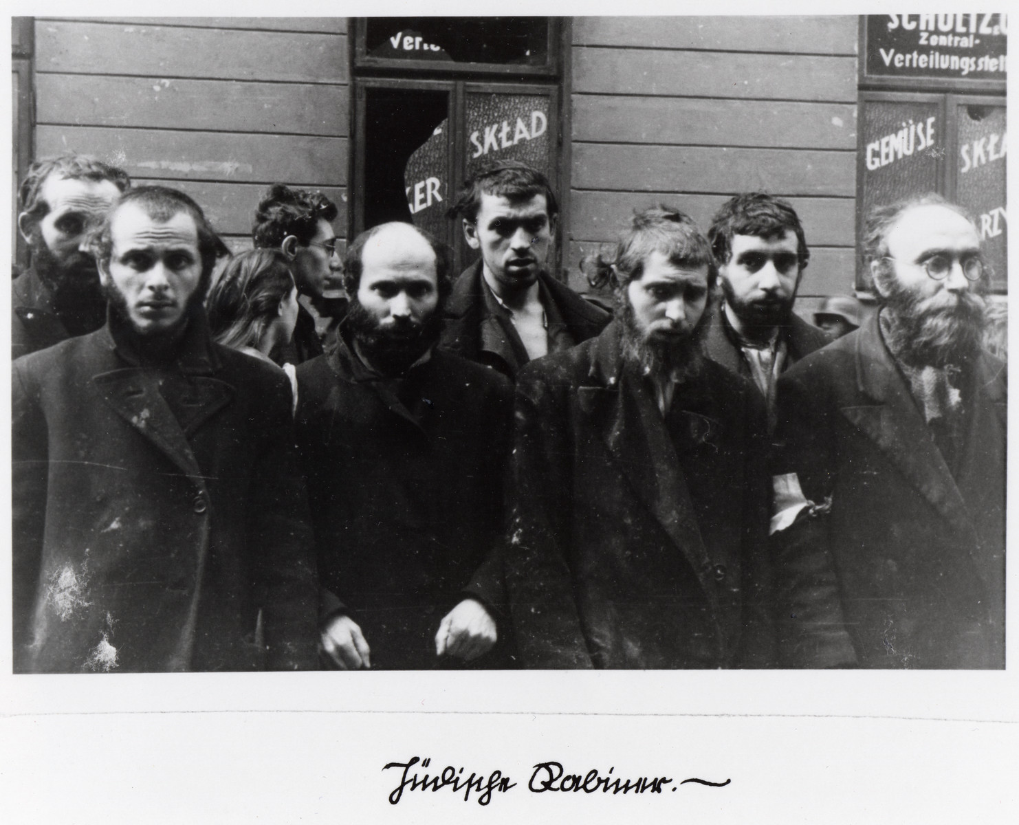 Religious Jews captured by the SS during the Warsaw ghetto uprising.  The original German caption reads: "Jewish rabbis."