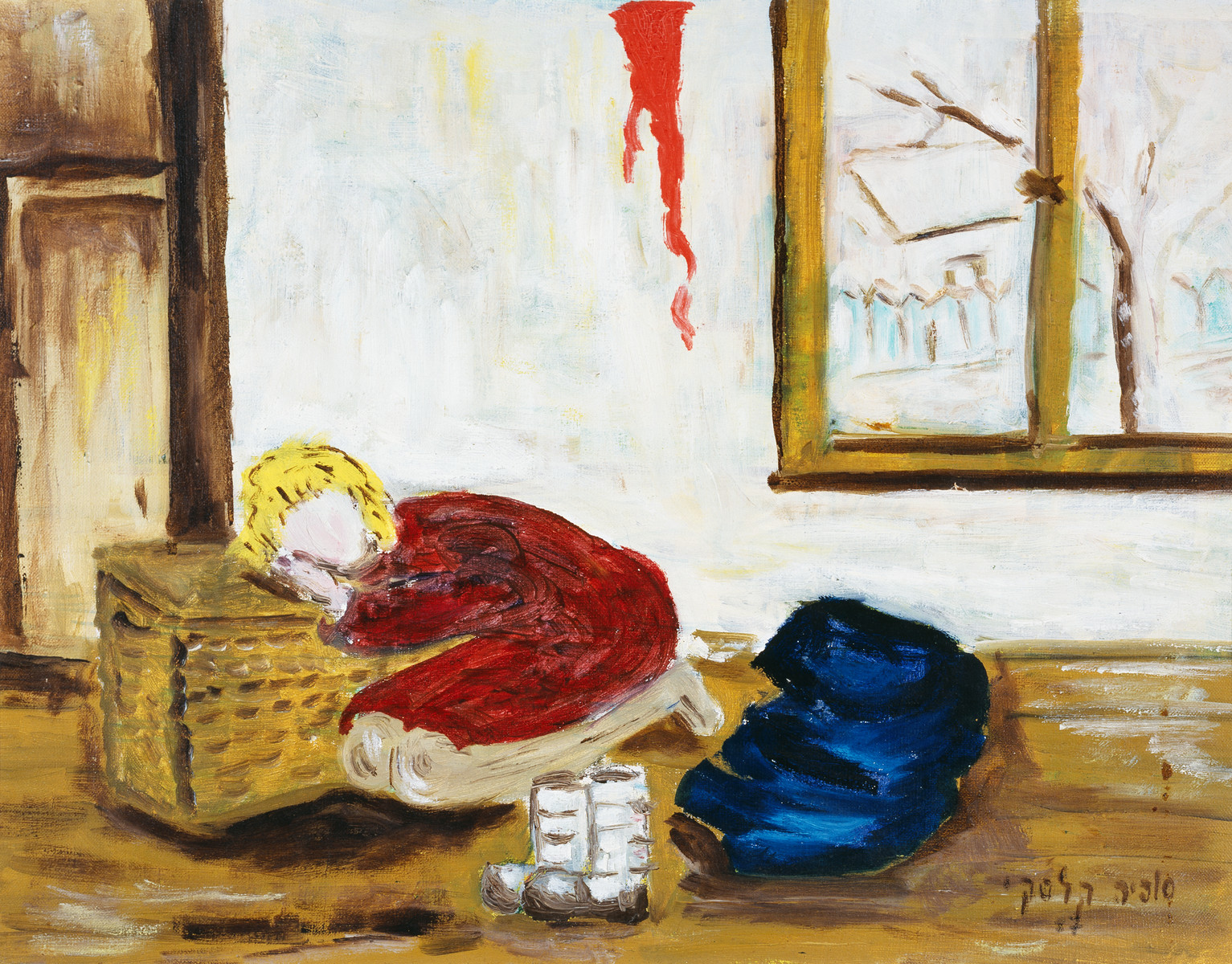 A painting by artist Sophia Kalski depicting Lwow in the February 1943.   

The artist writes "I reached some apartment. I hid my shoes which were too small for me and my coat. I am very hungry and exhausted. There is no one with me. I long to put my head on my father's shoulder, but he isn't anymore. I put my head on a crate that was in the empty room."