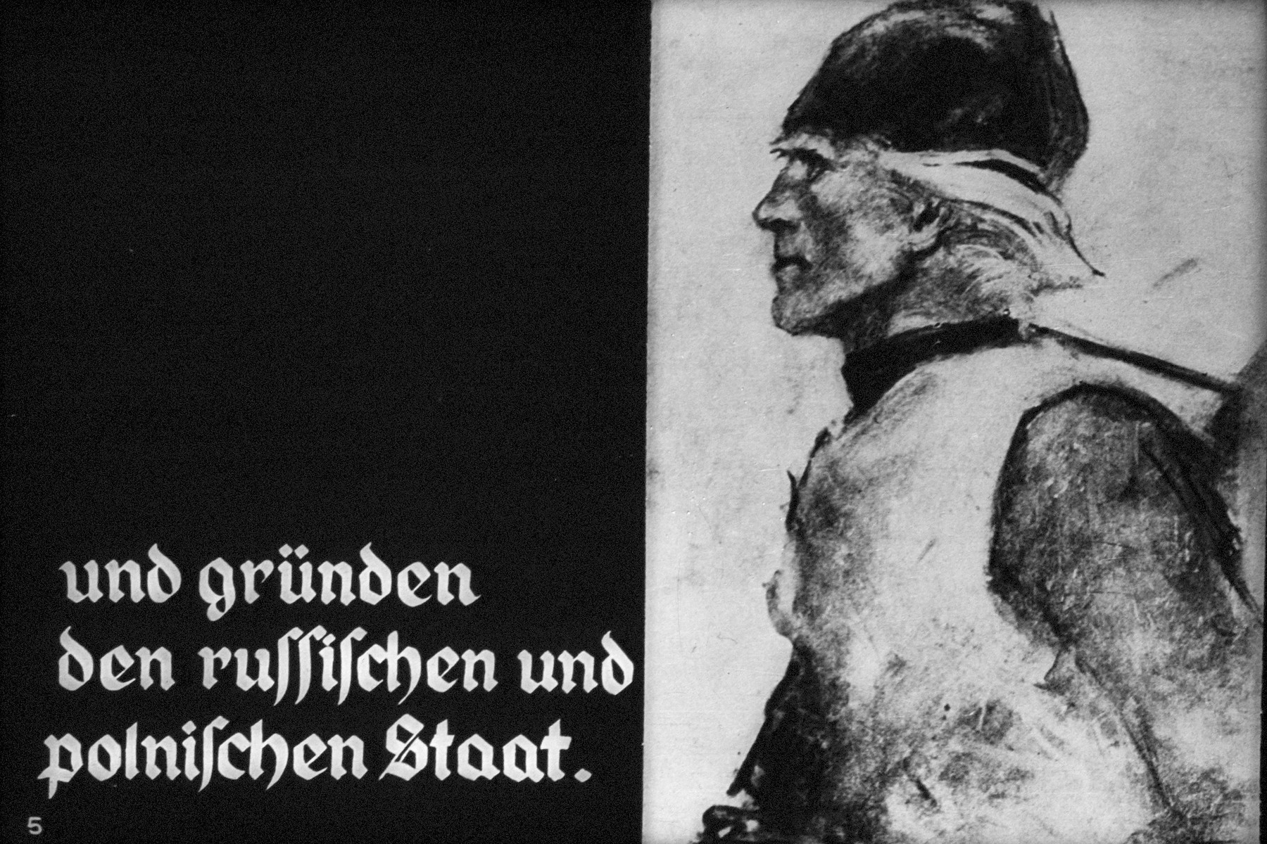 5th Nazi propaganda slide of a Hitler Youth educational presentation entitled "German Achievements in the East" (G 2)

und grunden den russischen und polnischen Staat.
//
and found the Russian and Polish state.
