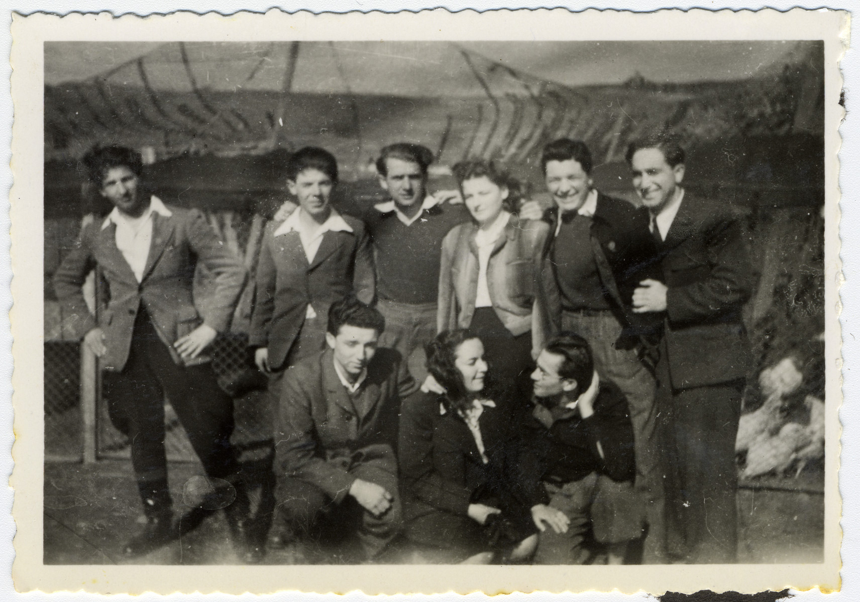 Group portrait of members of Kibbutz Havivah Reik  at Echwege.

Willy Bogler stands in at center.