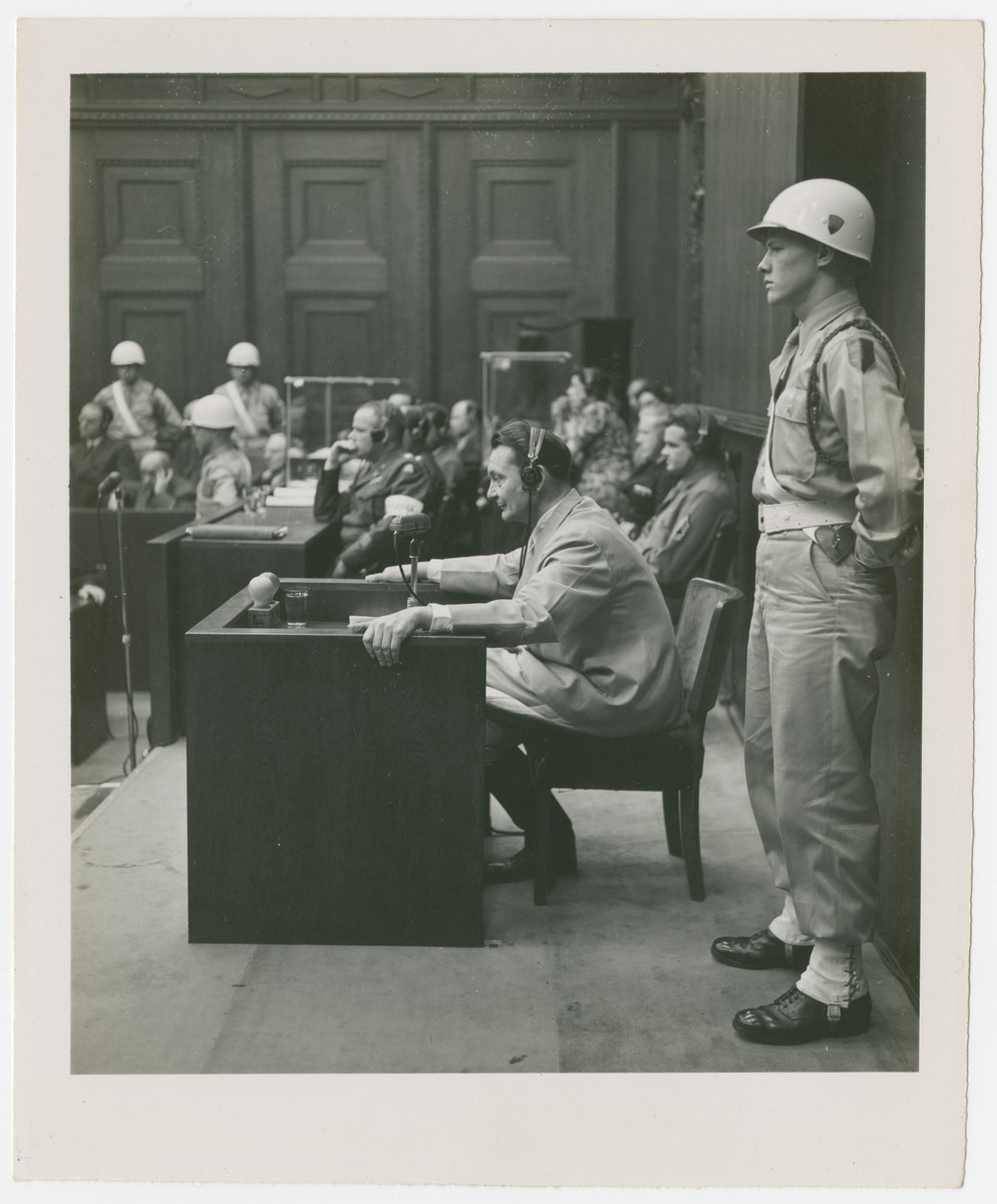 Hermann Goering testifies in his defense at the International Military Tribunal in Nuremberg.