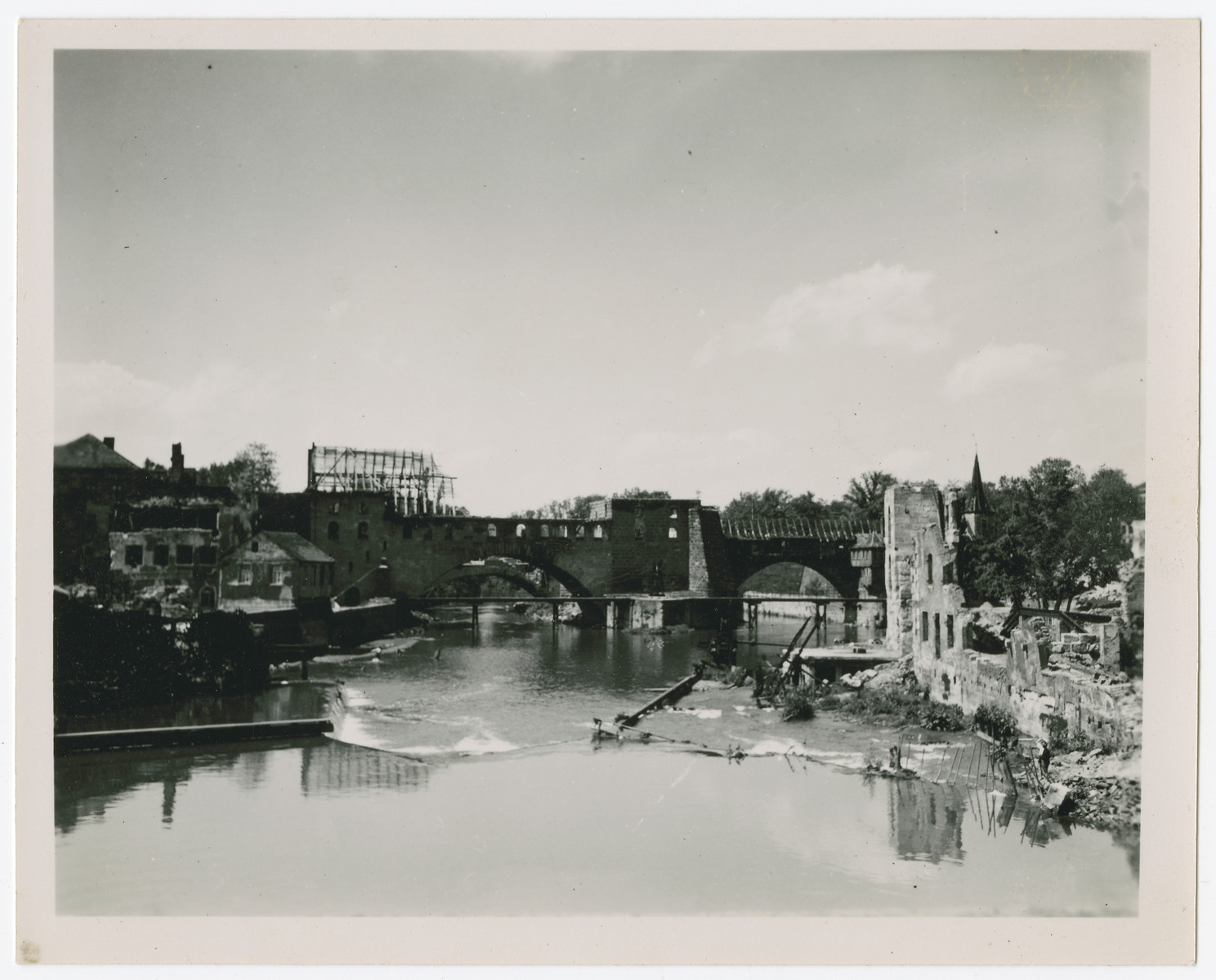 View of bombed out bridge, possibly in Nuremberg.