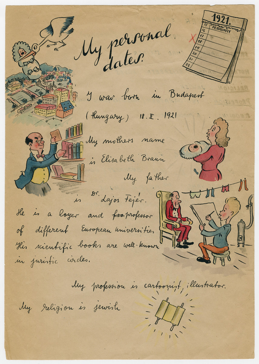Illustrated capsule biography of survivor and cartoonist Georg Fejer compiled to support his application for an American immigration visa.