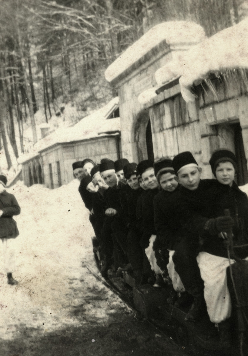 School children, probably from the Bad Reichenhall displaced persons' camp go sledding in Berchtesdaen.

Ziomek Hammer is pictured fourth from the right.