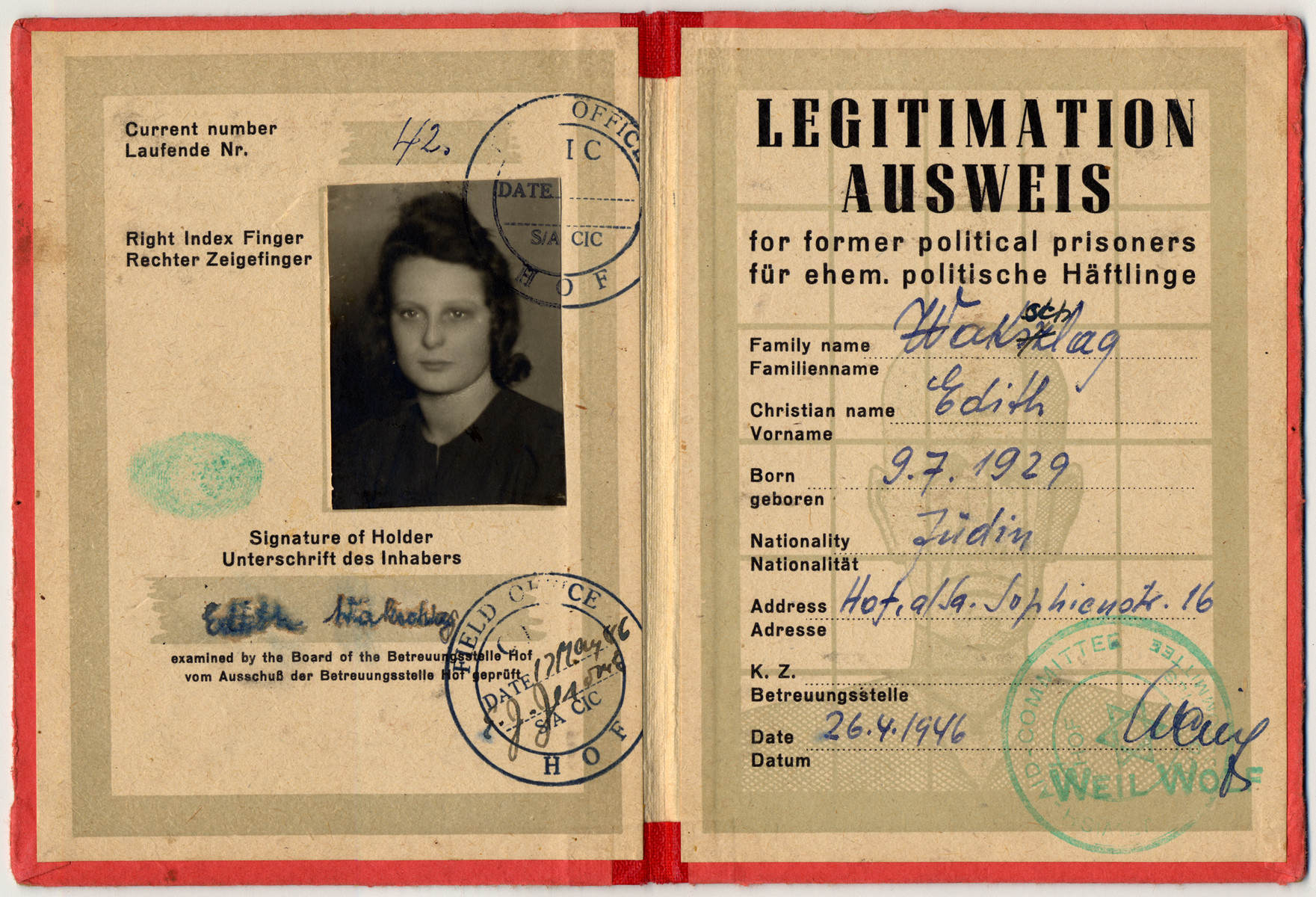 Identification card for political prisoners issued to Estera Wakschlag.