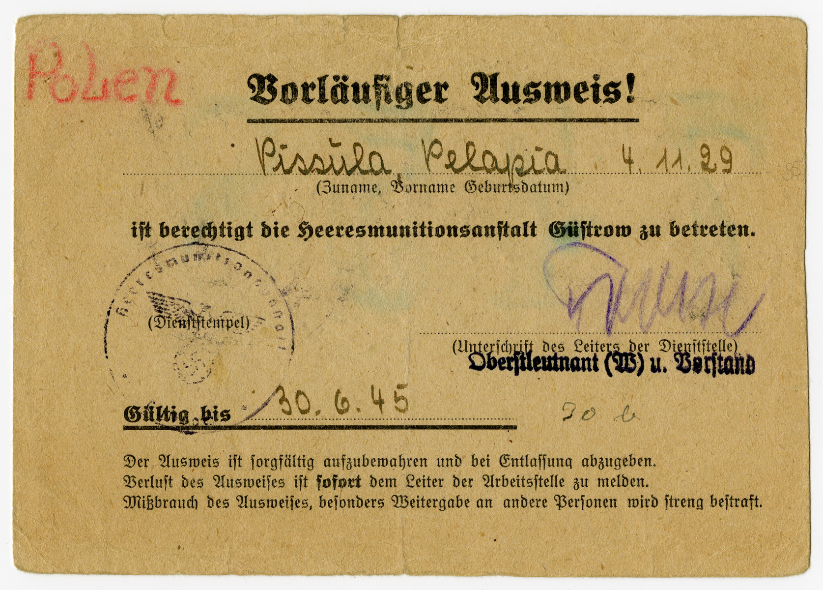 A temporary identification card issued to a Polish Jewish girl, Pola Fogelman, under a false name:  Pelagia Pisula.  The verso of the card has the prisoner number  7458.

The false last name is the name of her rescuer, Natalia Pisula.  The pass was used for Pola to get in and out of the Primerwald labor camp/munitions factory.