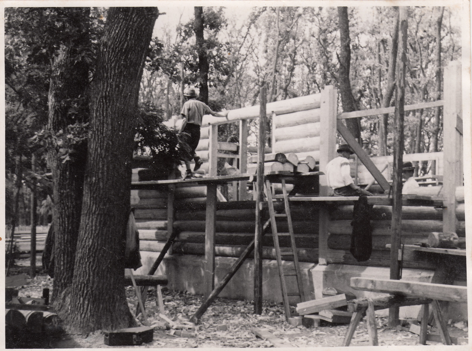 Members of a Jewish labor battalion wconstruct a wooden building in Hajduhadhaz.