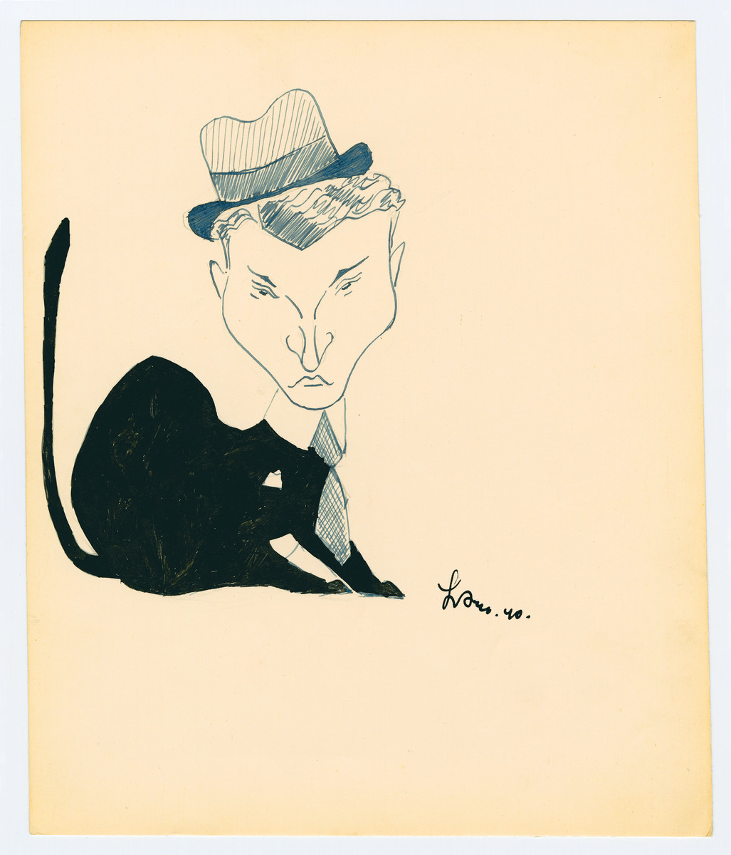 Caricature by Lutek Orenbach of Abram M. He notes "Don Juan of Tomaszow and a poser."