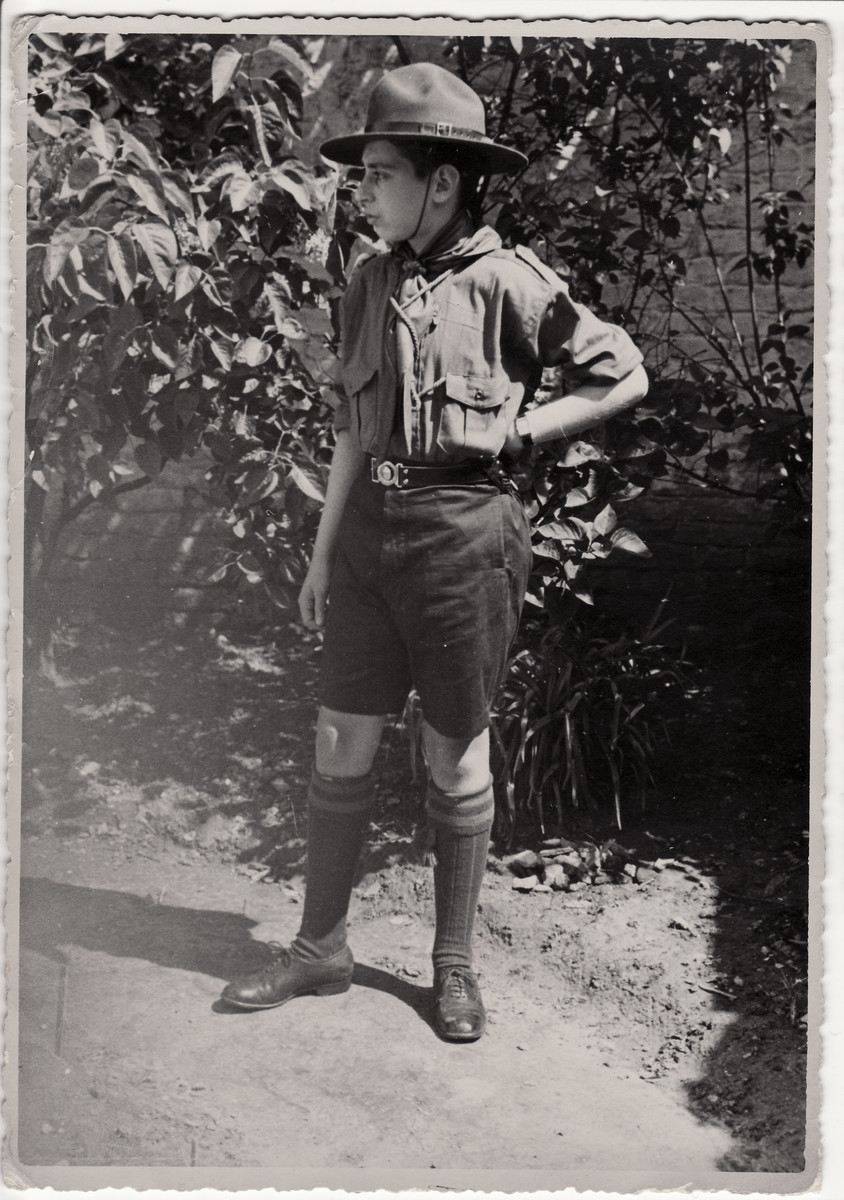 Close-up portrait of Heinz Geiringer wearing his boy scout uniform.