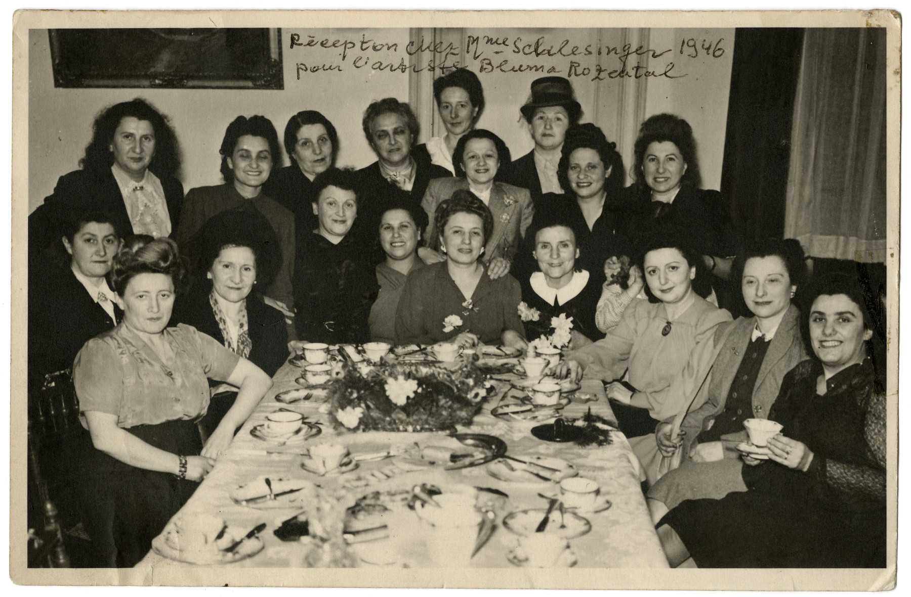 Belgian Jewish women attend a reception in honor of the dramatist Bluma Rosenthal.

Fanny Galanter is seated in the first row, fourth from the left.  Mrs. Pomerantz may be in the second row on the left.