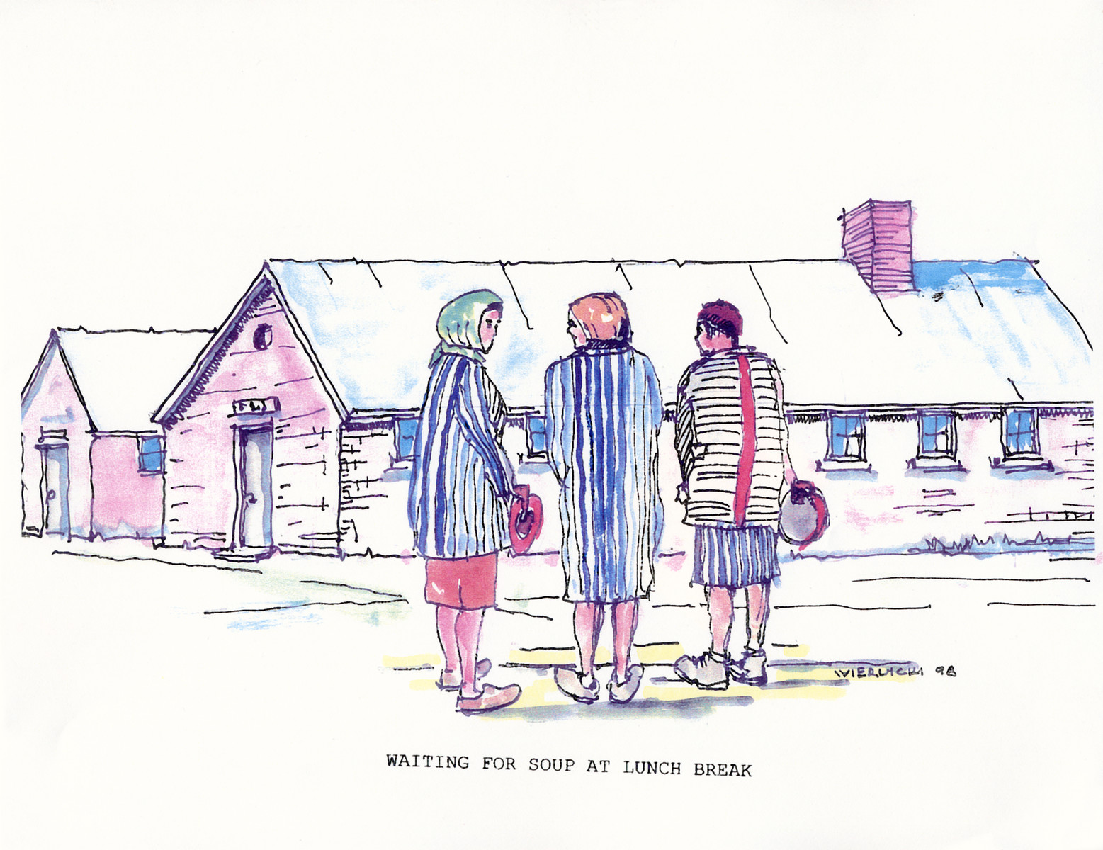 A watercolor and ink drawing from the pictorial memoire entitled,  "Images from Auschwitz-Birkenau, by John Wiernicki, Polish Resistance Fighter, Prisoner Number P150302."

The caption reads, "Waiting for soup at lunch break."