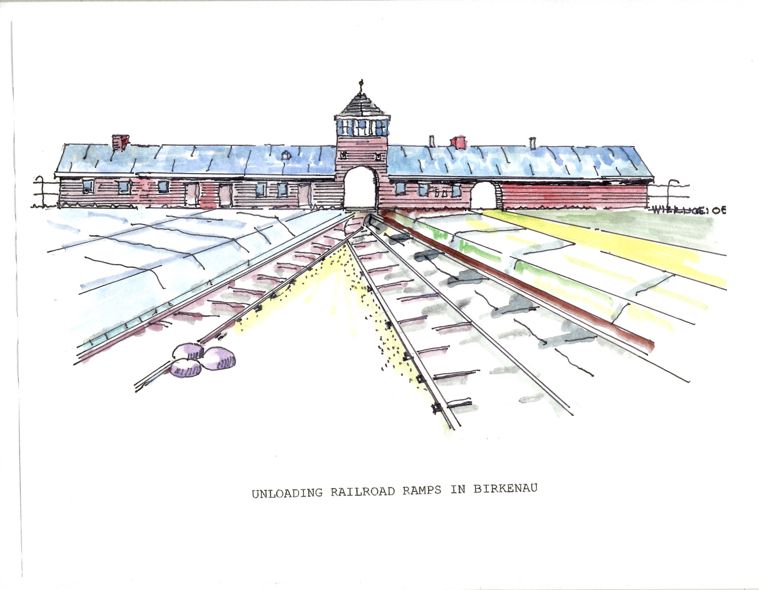A watercolor and ink drawing from the pictorial memoire entitled,  "Images from Auschwitz-Birkenau, by John Wiernicki, Polish Resistance Fighter, Prisoner Number P150302."

The caption under the drawing reads, "Unloading railroad ramps in Birkenau."