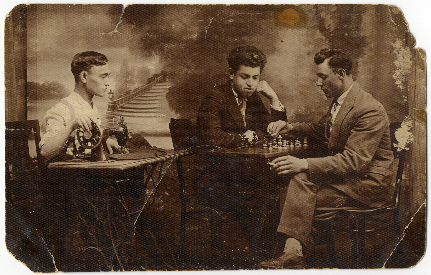 Original Caption: "Three friends: Mendel Grynberg (left), Fishel Feldman, donors' uncle and Chaim Wierzba posing playing chess in Sokolow podlaski, c. 1936."