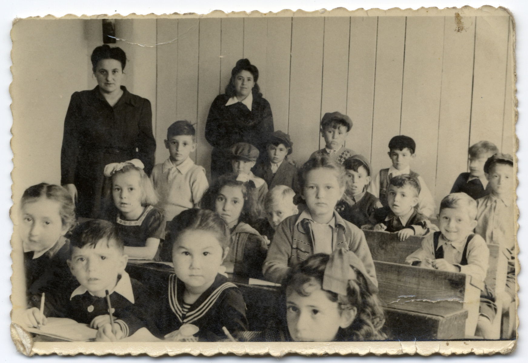 Young children study in a classroom in an elementary school in the Wels displaced persons' camp.

Fred (Efraim Yitzhak) Feldman is pictured (3rd row far right).