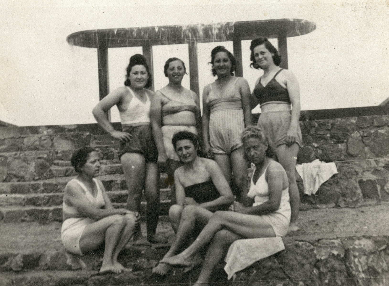 Women from Stutthof after liberation in [Zechozinek], Poland. 

Chaya Katz is on the lower bottom left of the photo. Riva Katz is on the bottom right.