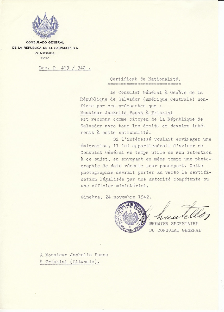 Unauthorized Salvadoran citizenship certificate made out to Jankelis Punas by George Mandel-Mantello, First Secretary of the Salvadoran Consulate in Geneva and sent to him in Triskiai.