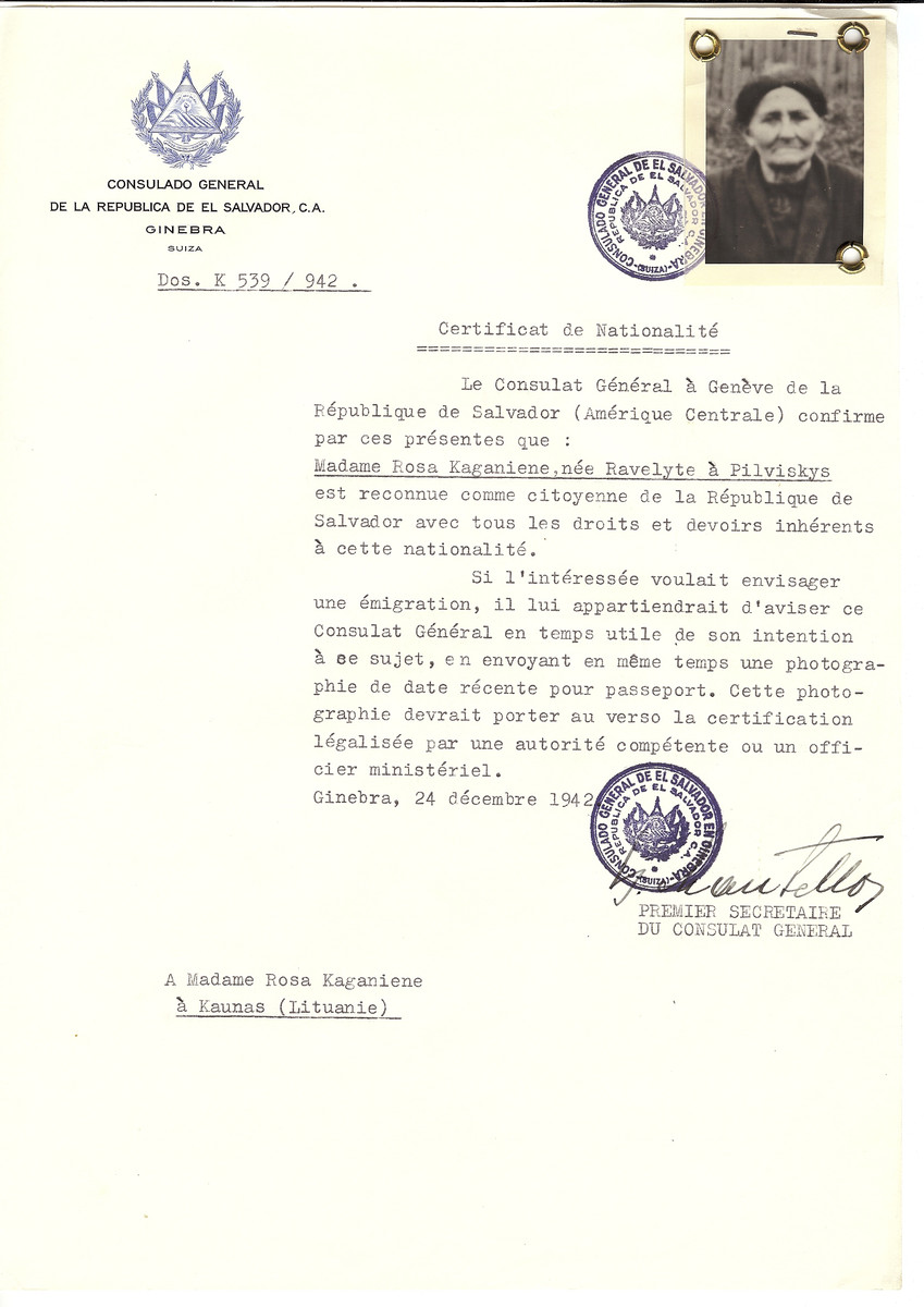 Unauthorized Salvadoran citizenship certificate made out to Rosa (nee Ravelyte) Kaganiene (b. Pilviskys) by George Mandel-Mantello, First Secretary of the Salvadoran Consulate in Geneva and sent to her in Kaunas.