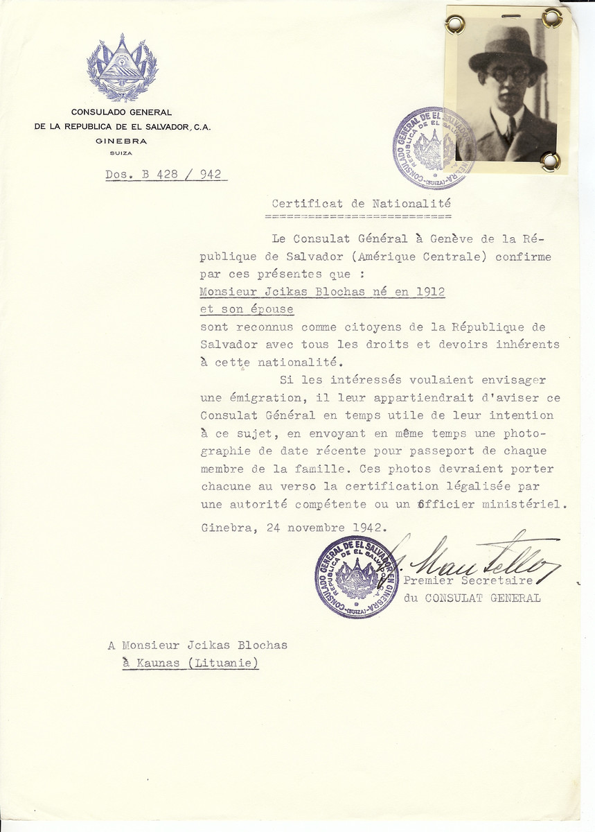 Unauthorized Salvadoran citizenship certificate made out to Jcikas Blochas (b. 1912) and his wife by George Mandel-Mantello, First Secretary of the Salvadoran Consulate in Geneva and sent to them in Kaunas