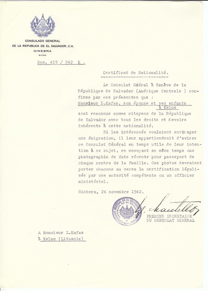 Unauthorized Salvadoran citizenship certificate made out to L. Kafas, his wife and children by George Mandel-Mantello, First Secretary of the Salvadoran Consulate in Geneva and sent to them in Kelme.