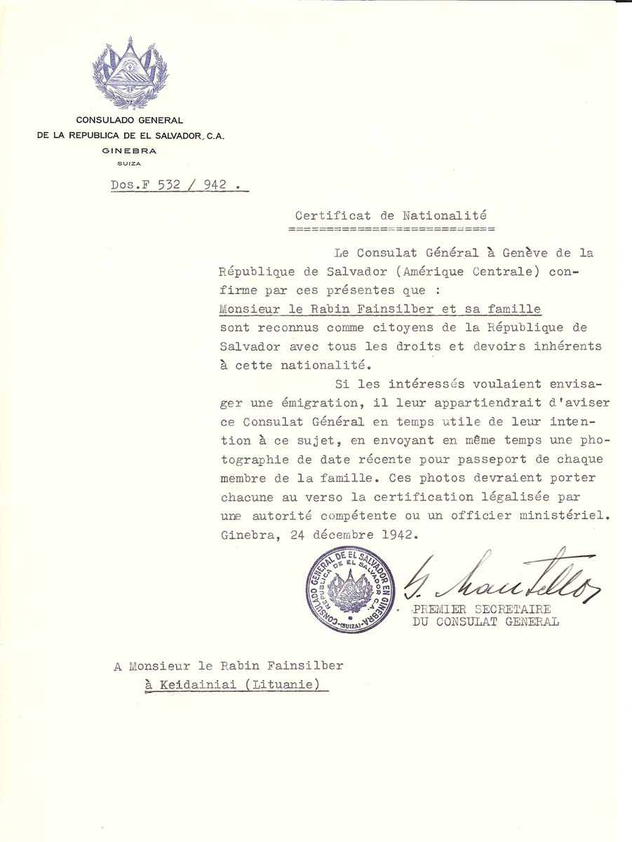 Unauthorized Salvadoran citizenship certificate made out to Rabbi Fainsilber and his family by George Mandel-Mantello, First Secretary of the Salvadoran Consulate in Geneva and sent to them in Kaidan.