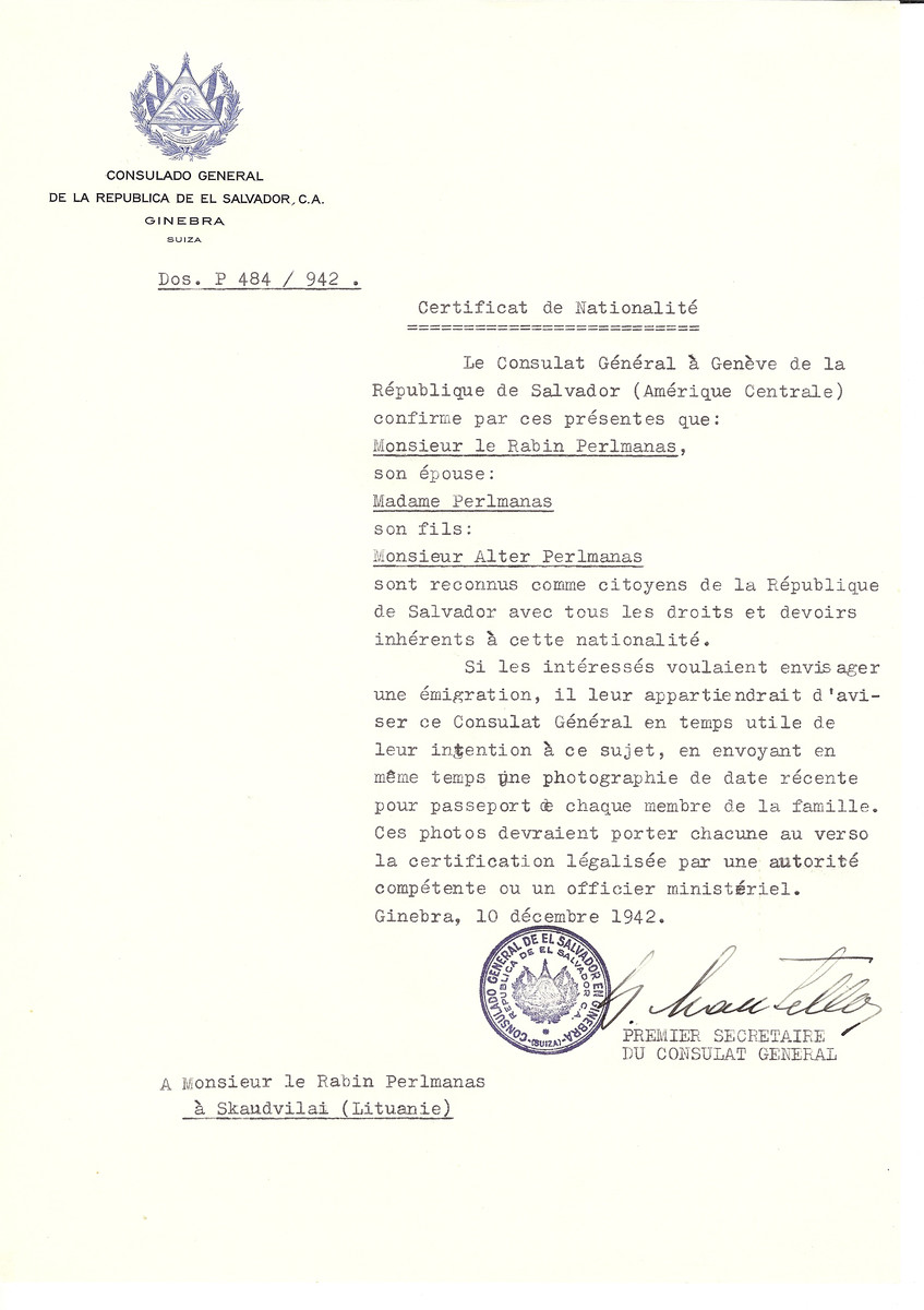 Unauthorized Salvadoran citizenship certificate made out to Rabbi Perlmanas, his wife and son Alter by George Mandel-Mantello, First Secretary of the Salvadoran Consulate in Geneva and sent to them in Skaudvilai.