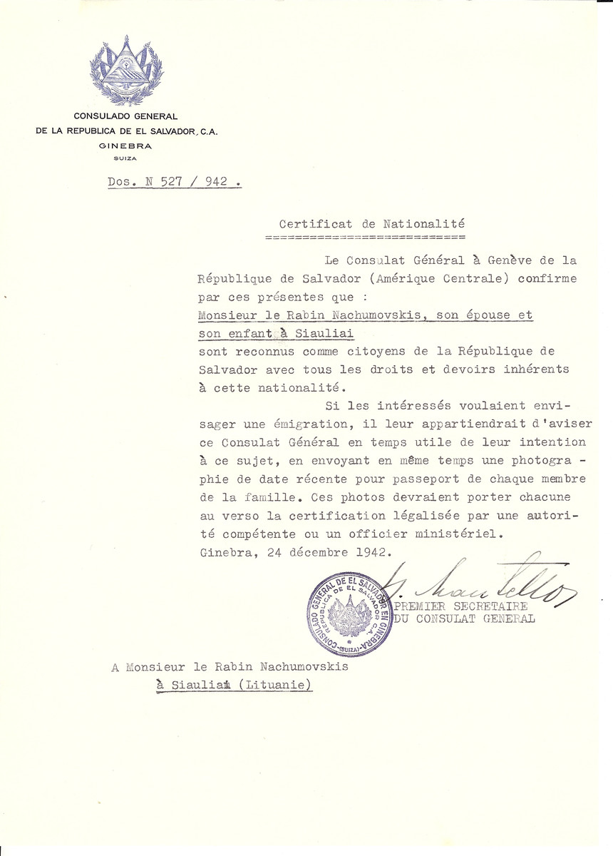 Unauthorized Salvadoran citizenship certificate made out to Rabbi Nachumovskis, his wife and son by George Mandel-Mantello, First Secretary of the Salvadoran Consulate in Geneva and sent to them in Siauliai.