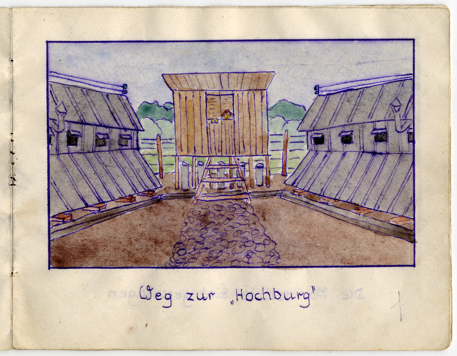 Page from the memoirs of Camp de Gurs illustrated by Eva Liebhold.

This page is entitled  "The way to Hochburg."
