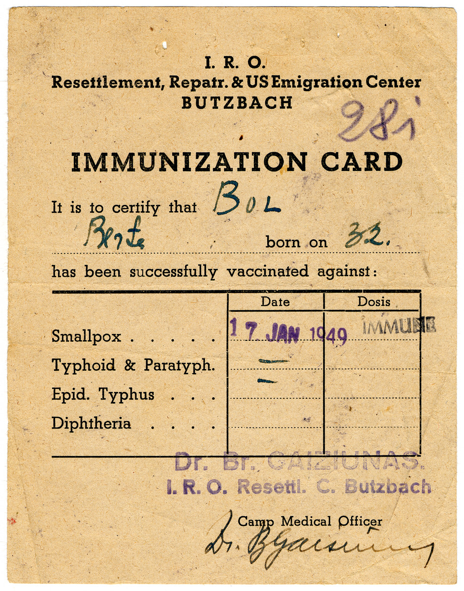 Immunization Certificate Issued To Berta Bol Prior To Her Immigration To The United States Collections Search United States Holocaust Memorial Museum