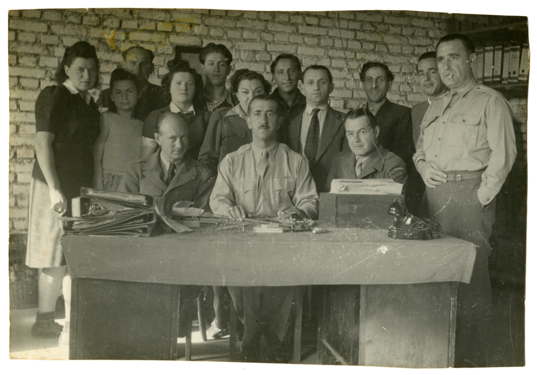 Administrative office of the Feldafing displaced persons camp.

Leib Szapiro is pictured third from the right.