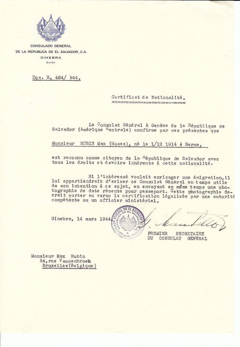 Unauthorized Salvadoran citizenship certificate issued to Max (Moses) Rubin (b. December 1, 1914 in Berne) by George Mandel-Mantello, First Secretary of the Salvadoran Consulate in Switzerland and sent to his residence in Brussels