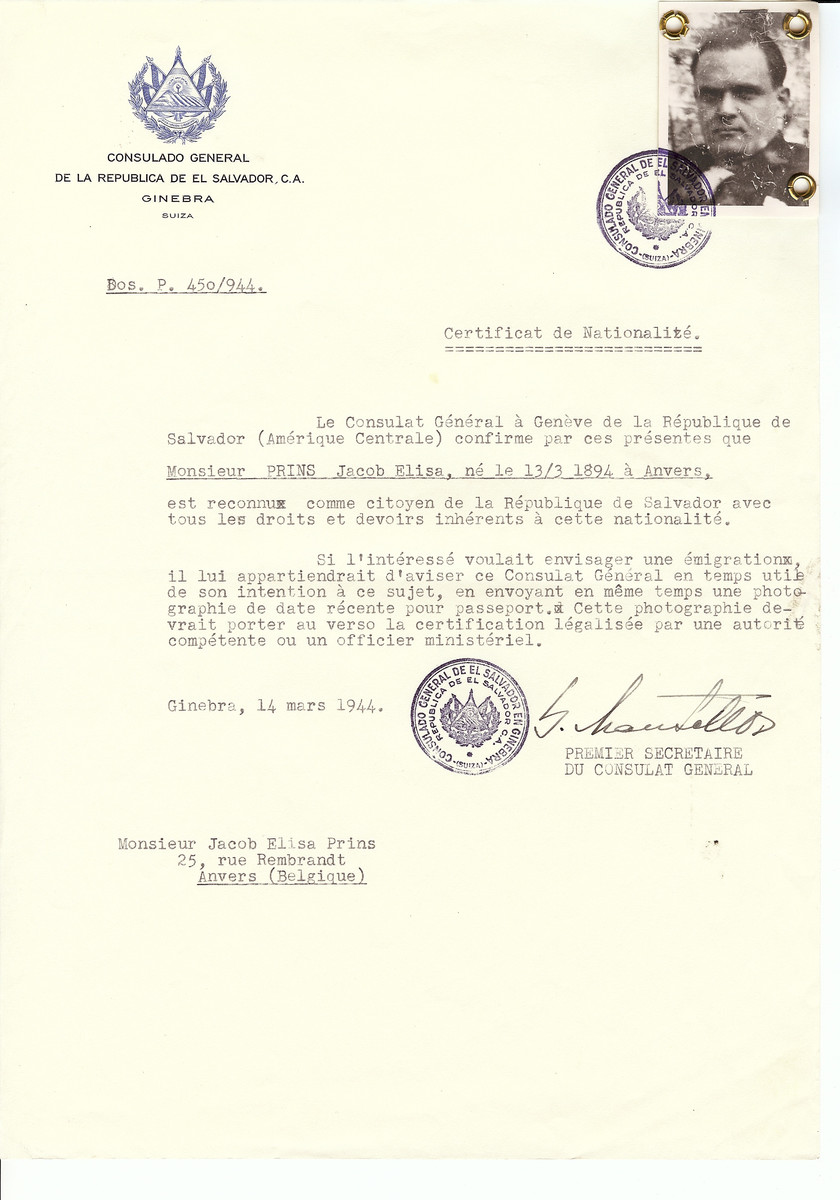Unauthorized Salvadoran citizenship certificate issued to Jacob Elisa Prins (b. March 13,1894 in Antwerp) by George Mandel-Mantello, First Secretary of the Salvadoran Consulate in Switzerland and sent to his residence in Antwerp.