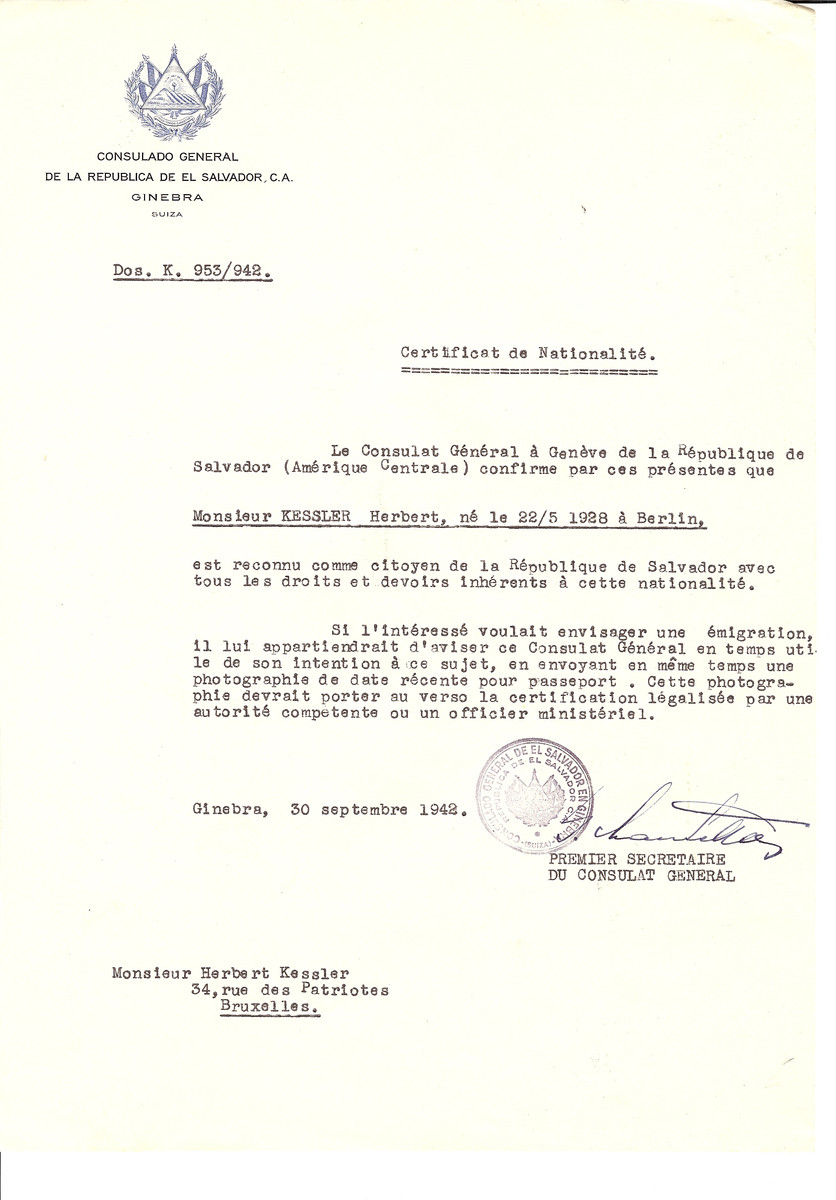Unauthorized Salvadoran citizenship certificate issued to Herbert Kessler (b. May 22, 1928 in Berlin) by George Mandel-Mantello, First Secretary of the Salvadoran Consulate in Switzerland and sent to him at the children's home on 34 rue des Patriotes.

Herbert Kessler survived the Holocaust.