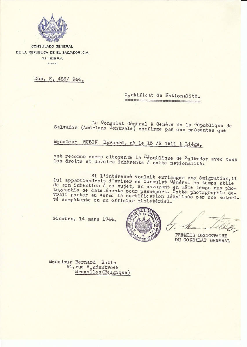Unauthorized Salvadoran citizenship certificate issued to Bernard Rubin (b. February 13, 1911 in Liege) by George Mandel-Mantello, First Secretary of the Salvadoran Consulate in Switzerland and sent to his residence in Brussels