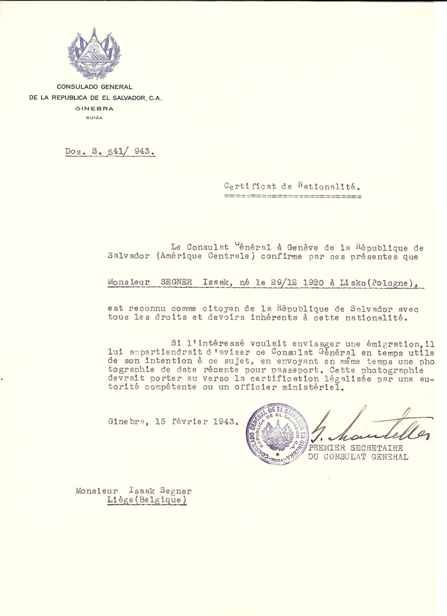 Unauthorized Salvadoran citizenship certificate issued to Issak Segner (b. December 29, 1920 in Lisko) by George Mandel-Mantello, First Secretary of the Salvadoran Consulate in Switzerland and sent to his residence in Liege.