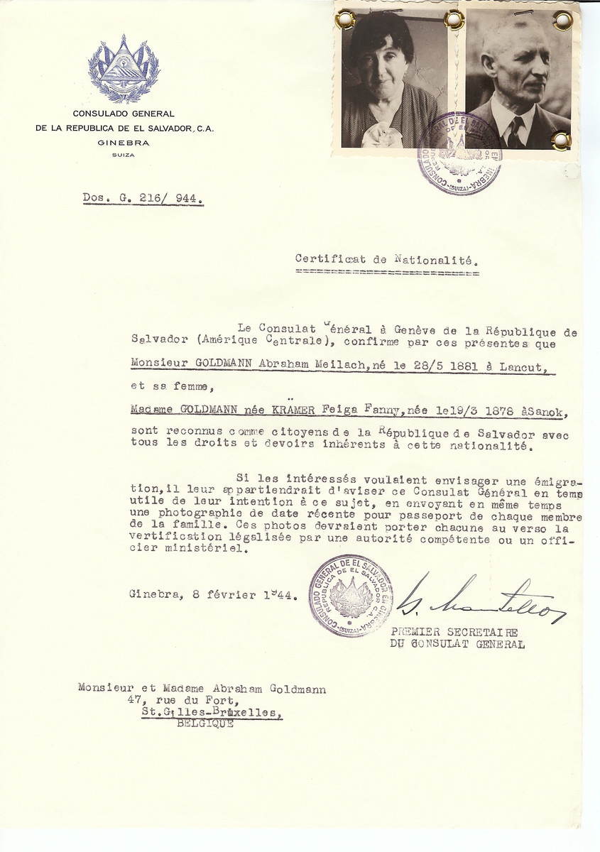 Unauthorized Salvadoran citizenship certificate issued to Abaraham Meilach Goldman (b. May 28, 1881 in Lancut) and his wife Feiga Fanny (nee Kramer) Goldman (b. March 19, 1878 in Sanok) by George Mandel-Mantello, First Secretary of the Salvadoran Consulate in Switzerland and sent to their residence in Brussels.