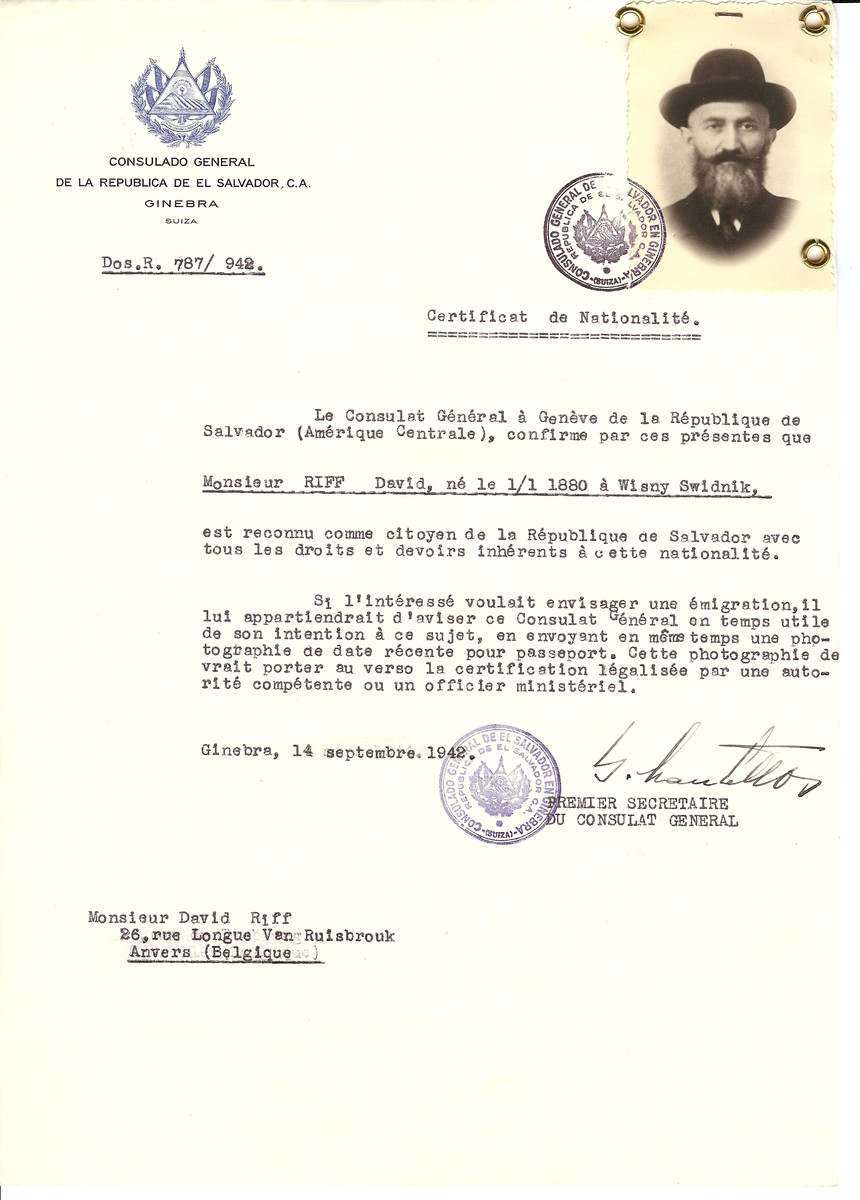 Unauthorized Salvadoran citizenship certificate issued to David Riff (b. January 1, 1880 in Wisny Swidnik) by George Mandel-Mantello, First Secretary of the Salvadoran Consulate in Switzerland and sent to his residence in Antwerp.
