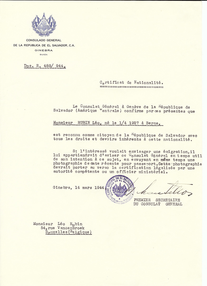 Unauthorized Salvadoran citizenship certificate issued to Leo Rubin (b. April 1, 1927 in Berne) by George Mandel-Mantello, First Secretary of the Salvadoran Consulate in Switzerland and sent to his residence in Brussels.